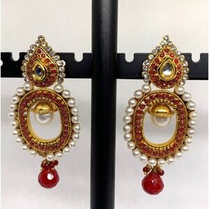 Indian Tribal Style Gold Drop Earrings Faux Pearls & Red Crystals NWOT 3 Inch